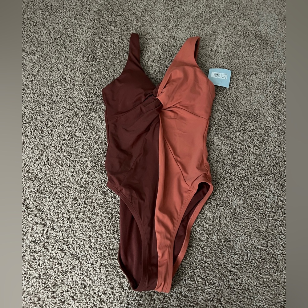 Shade & Shore Two-Tone One Piece Swimsuit - Burgundy and Coral